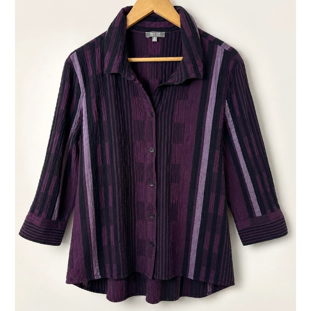 Habitat Crinkle Stripe XL Tunic Top Womens Lagenlook Purple 3/4 Sleeve Hi Low